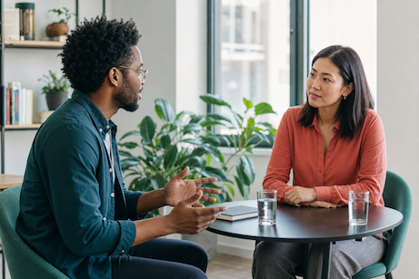 Two colleagues having a constructive feedback conversation