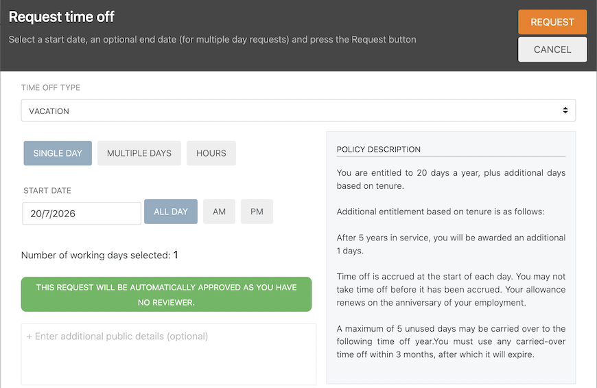 Workteam dialog for requesting time off